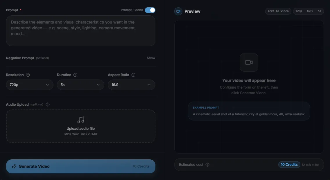 Wan 3.0 Text to Video — mode selection, prompt input, and parameter controls